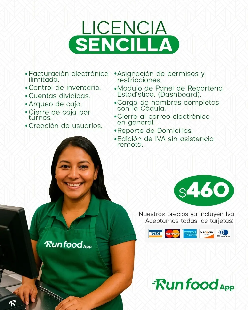 Licencia Sencilla de Runfood App con facturación ilimitada, inventario, caja y reportes